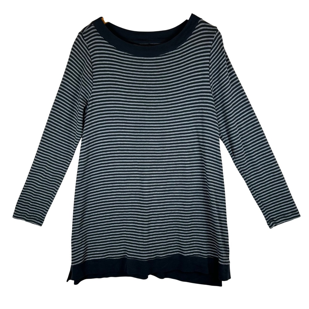J. Jill Perfect Pima Tunic Top Navy Blue Striped Long Sleeve Cotton Size L